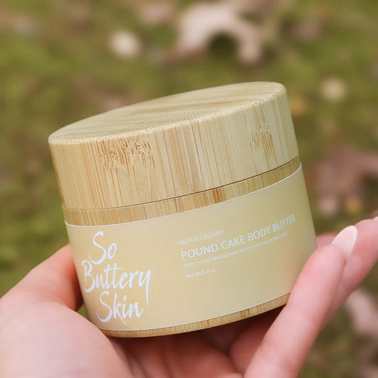 Whipped Pound Cake Body Butter texture in an open 3.4oz travel jar, shea and plant oils