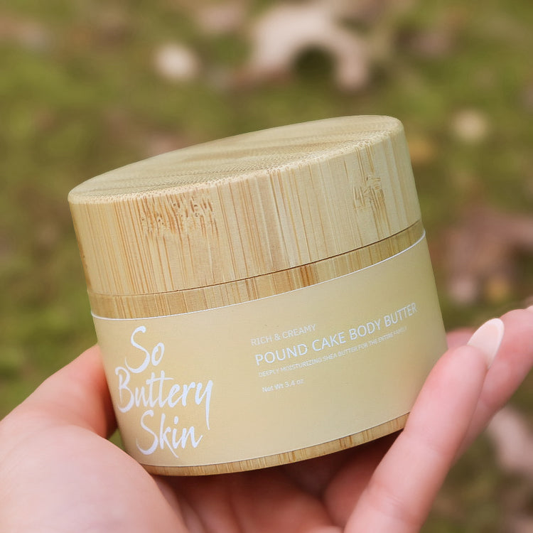 Whipped Pound Cake Body Butter texture in an open 3.4oz travel jar, shea and plant oils