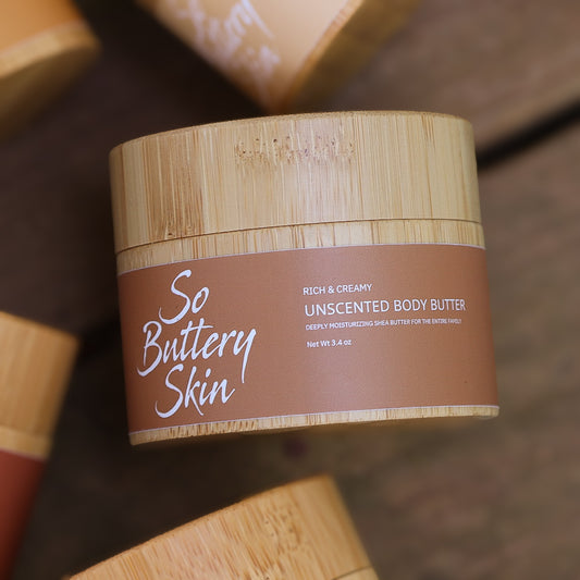 Whipped Unscented Body Butter texture in an open 3.4oz travel jar, no essential oils