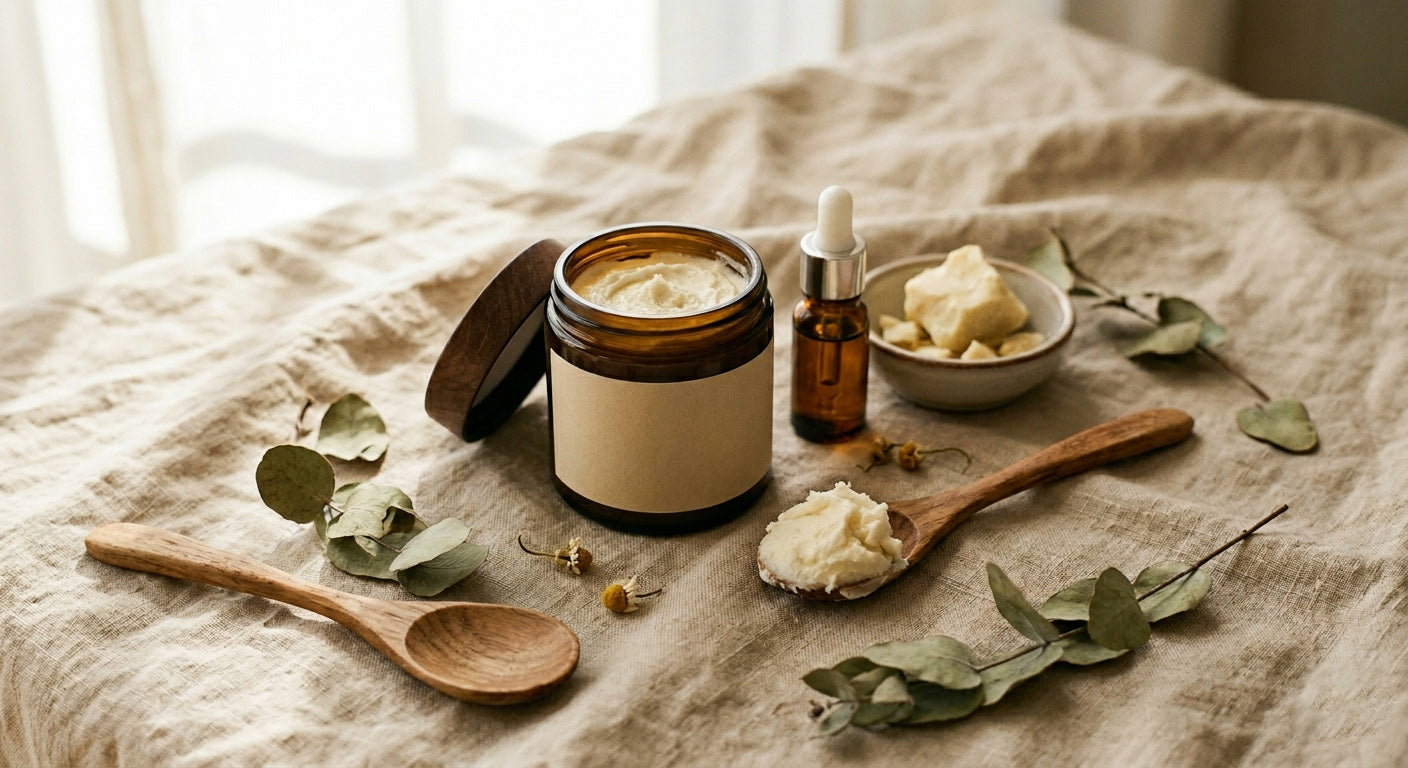 Artisanal shea butter jar, cocoa butter, and dropper bottle on linen fabric with dried eucalyptus and chamomile.
