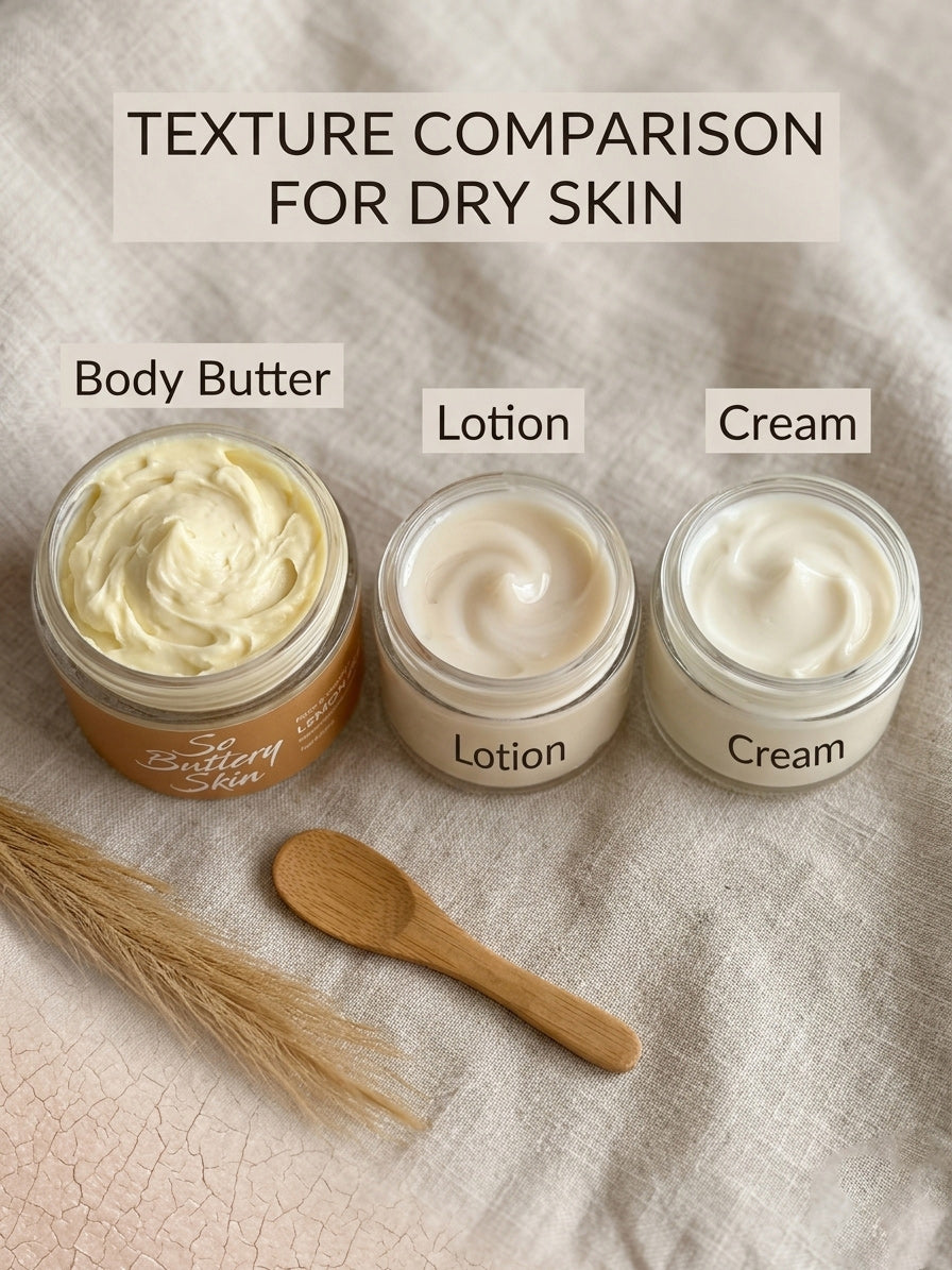 Texture comparison for dry skin showing the difference between thick body butter, lightweight lotion, and rich cream in jars on a linen surface with a wooden spoon