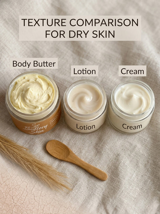 Texture comparison for dry skin showing the difference between thick body butter, lightweight lotion, and rich cream in jars on a linen surface with a wooden spoon