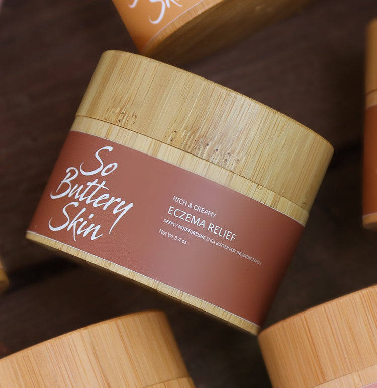 So Buttery Skin Eczema Relief Body Butter 3.4oz travel-size jar, plant-based and fragrance-free for sensitive skin