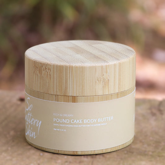 So Buttery Skin Pound Cake Body Butter 3.4oz travel-size jar, warm vanilla scent, plant-based