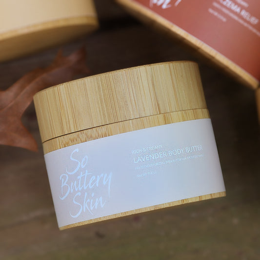 So Buttery Skin Lavender Body Butter 3.4oz travel-size jar, calming plant-based scent