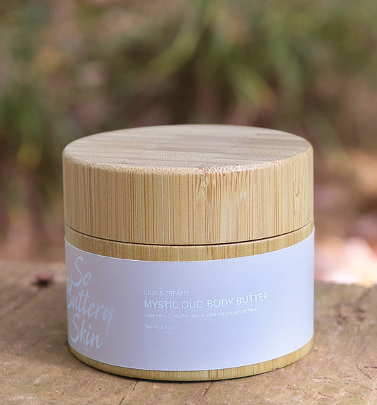 So Buttery Skin Mystic Oud Body Butter 3.4oz travel-size jar, warm woody scent, plant-based