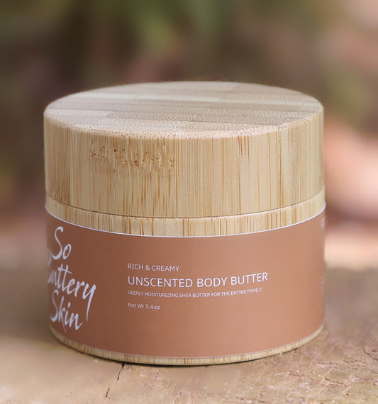 So Buttery Skin Unscented Body Butter 3.4oz travel-size jar, fragrance-free for babies and pregnancy