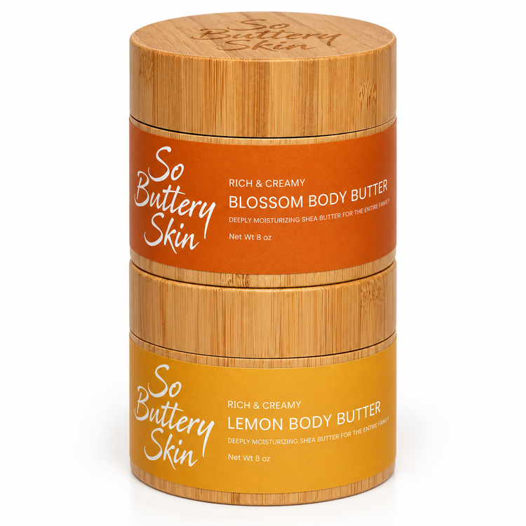 Holiday Glow Duo: Blossom and Lemon Body Butter jars stacked on white