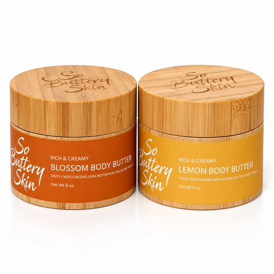 Holiday Glow Duo: Blossom and Lemon Body Butter 8 oz jars side by side on white