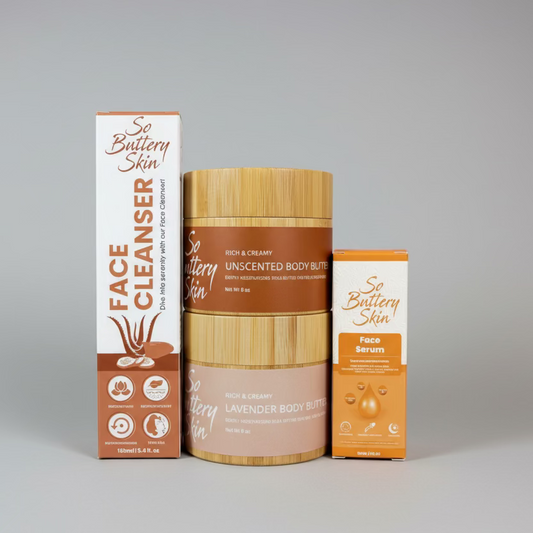 So Buttery Skin skincare collection featuring gentle cleanser, whipped body butter, and face serum displayed on a neutral background.