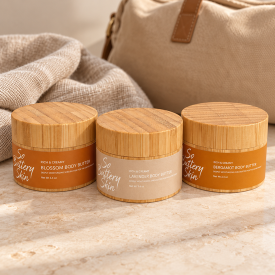 Travel size Blossom, Lavender and Bergamot Body Butter jars in a row