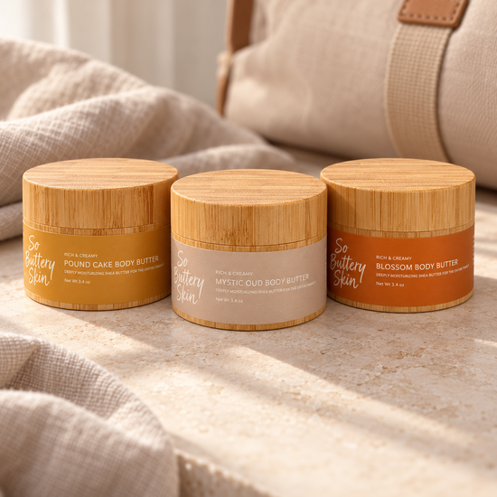 Travel size Pound Cake, Mystic Oud and Blossom Body Butter jars in a row