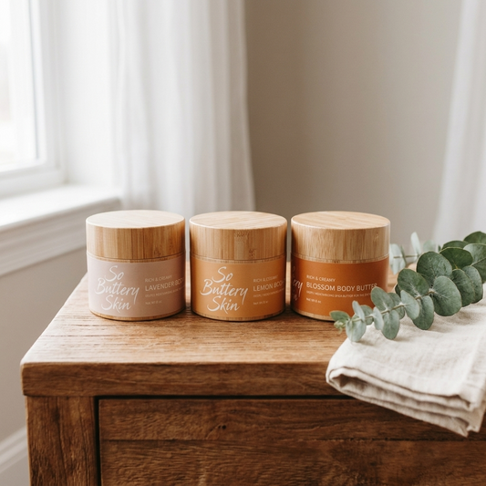 So Buttery Skin 8oz body butter trio, lifestyle with eucalyptus and linen